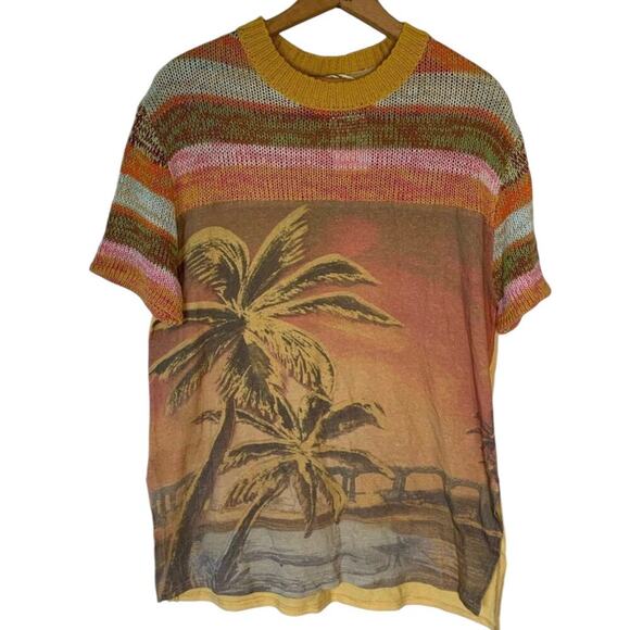 Free People Ibiza Swit Knit Short Sleeve Crochet Palm Tree Striped Tee Shirt Top - Picture 5 of 8